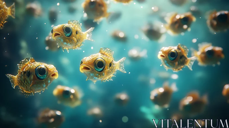 Cartoonish golden fish school in bright underwater scene.