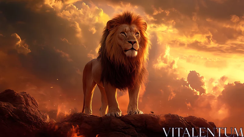 Majestic lion stands over fiery rocks at blazing sunset.