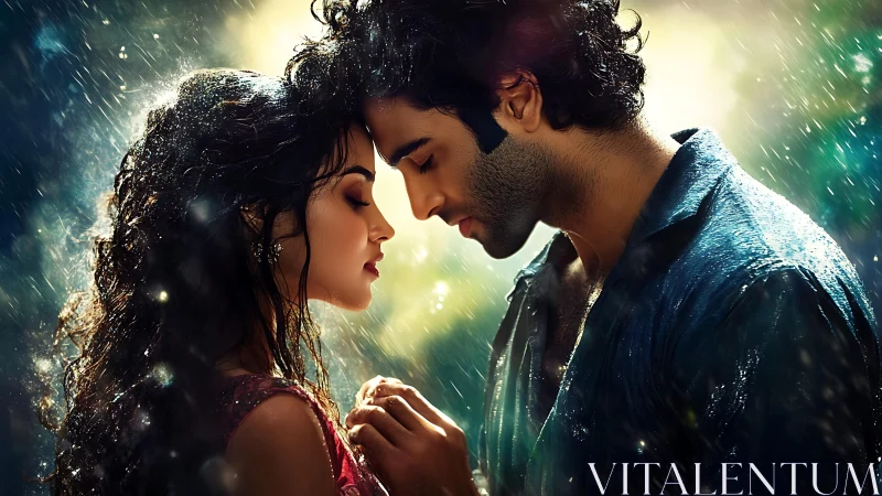 Two souls embrace in rain under magical light.