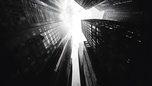 Monochrome skyscrapers converge toward a bright overcast sky