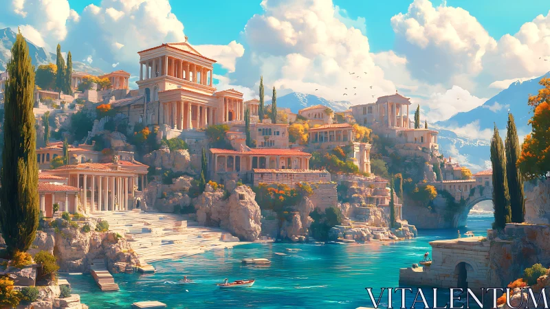 Coastal hillside city with classical temples above turquoise bay