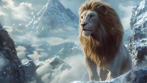 White lion on snowy mountain ridge under cloudy sky.