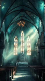 Gothic nave interior with stained glass altar and volumetric light.