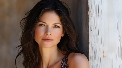 Soft sunlit portrait by weathered wooden doorway glow.
