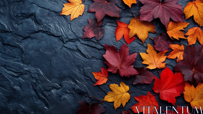 Colorful autumn maple leaves on dark stone background.