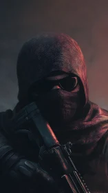 Hooded marksman grips rifle under blood-red dusk light.