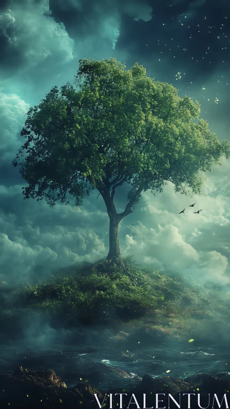 Solitary tree on small island beneath dense cloud field.