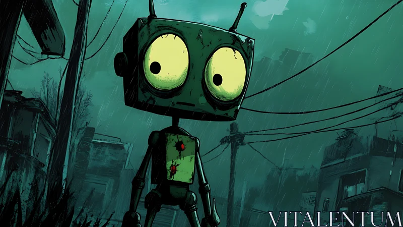 Lonely robot wanders a rain-soaked post-apocalyptic street.