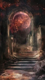 Ancient stone stairway leading to cosmic archway portal.