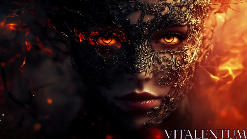 Masked fiery-eyed woman in ornate metallic face armor.