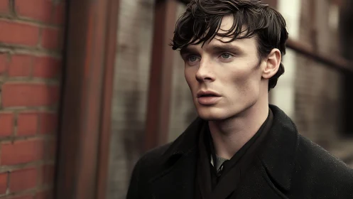 Thoughtful young man walking through a quiet brick street.