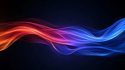Flowing neon light waves merge in a dark digital horizon.