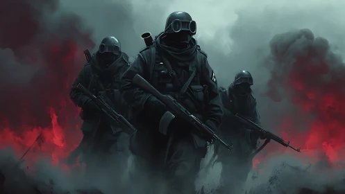 Stormwalkers in scarlet fog stride through burning dusk.