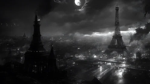 Moody moonlit Paris skyline wrapped in cinematic shadows.