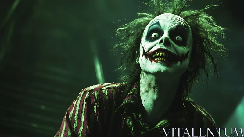 Horror portrait of decayed clown figure in green low key