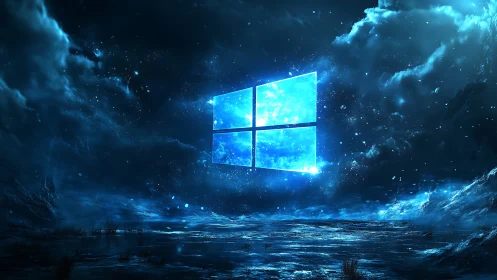 Glowing window logo in dark atmospheric digital seascape.