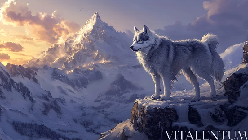 White wolf stands on snowy cliff against glowing mountain.