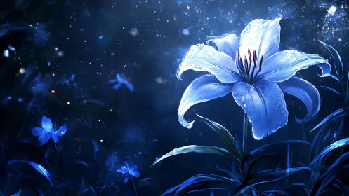 Blue luminescent flower rendered against dark starlit background