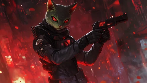 Cybernetic cat assassin aims pistol in neon red haze.
