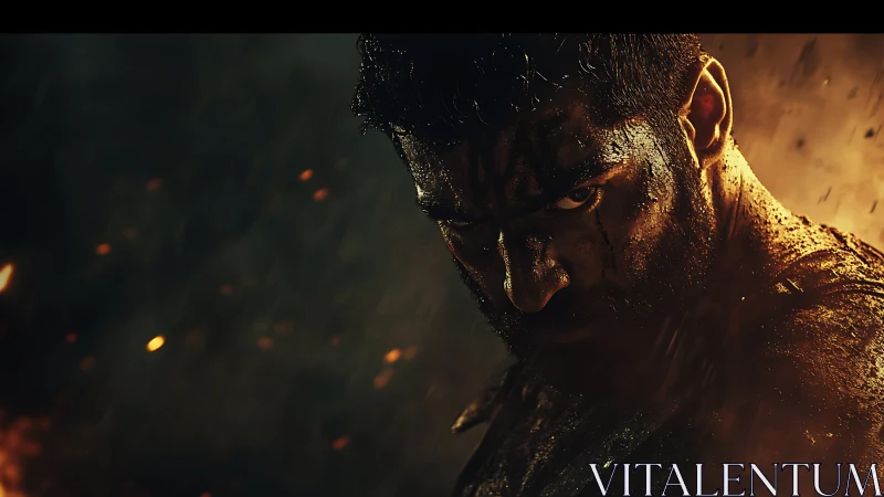 Battle-scorched warrior glaring through ash and ember storm.
