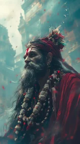 Mystic elder in scarlet robes rendered as atmospheric digital portrait