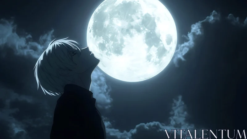 Luminous full moon backlighting silver haired anime silhouette