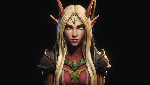 Elven warrior princess stares ahead in glowing battle armor