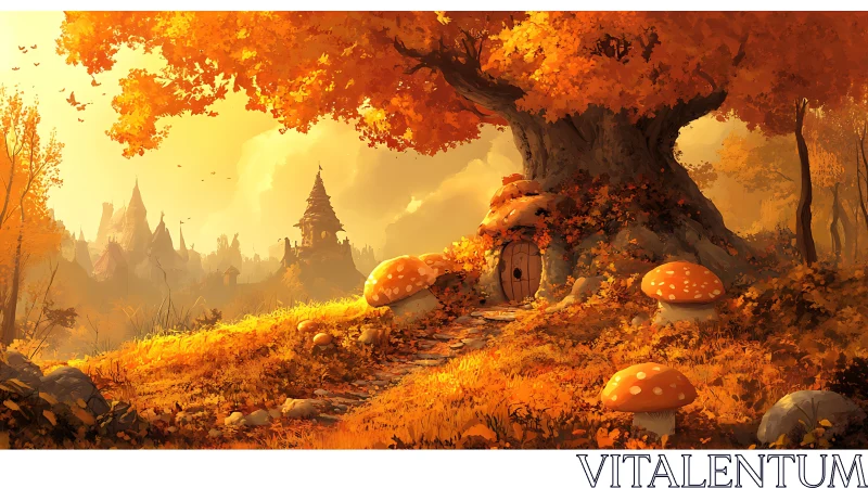 Autumn sprite&rsquo;s tree-door cottage under caramel light hush.