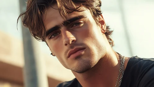 Close-up outdoor portrait of young man in sunlight.