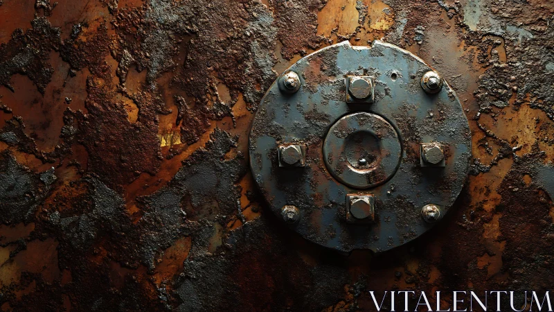Rusty industrial metal plate with bolts, close-up macro texture.