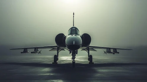 Military jet faces camera on foggy runway at ground level