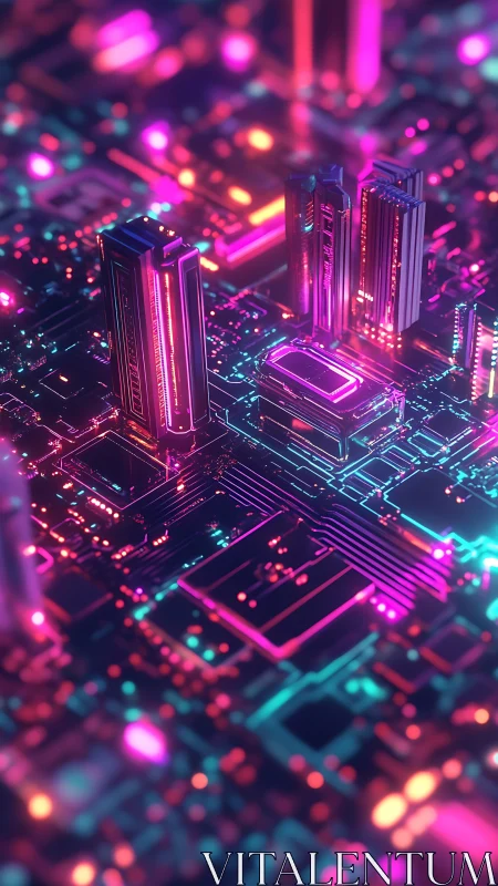 Neon cyberpunk cityscape built on abstract circuit board.