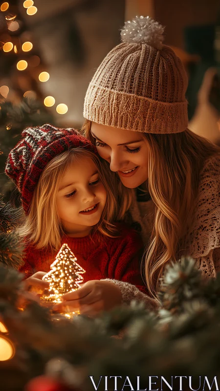 Cozy holiday moment between mother and child by tree lights.