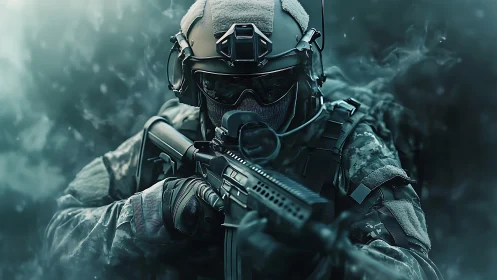 Photorealistic tactical soldier portrait in fog-dense combat field.