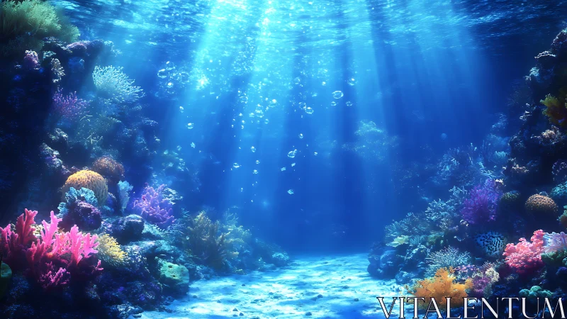 Colorful coral reef under clear blue sunlit water.