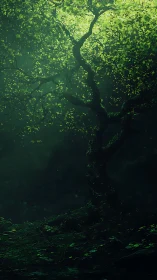 Soft green forest glow around a quietly twisting tree.