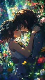 Anime romantic embrace in luminous floral bokeh field.