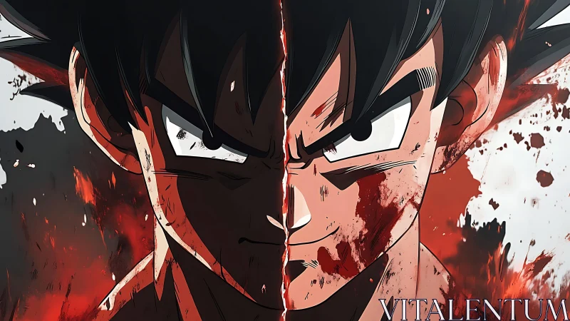 Split anime warrior portrait captures dual rage and resolve.