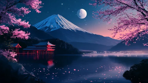 Moonlit Mount Fuji over sakura lake in neon twilight