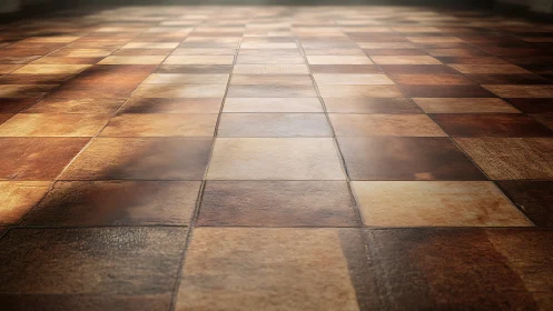 Sunlit checkered floor with warm rustic wooden tiles.