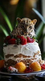 Whimsical Leopard Crowned Above a Delightful Layered Cake Creation