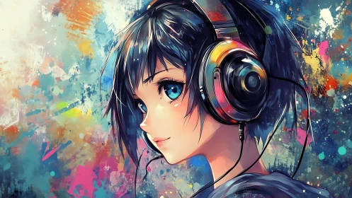 Girl with neon headphones listens within abstract color field