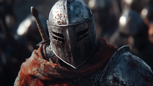 Bloodstained medieval knight in steel helmet close-up.