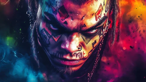 Chromatic tribal cyber-warrior portrait with spectral smoke fields.