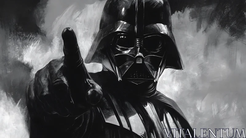 Masked dark commander points through stormy monochrome gloom.