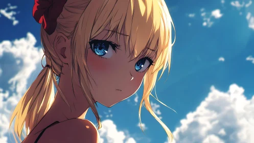 Backlit anime portrait of blonde girl under stratocumulus sky.