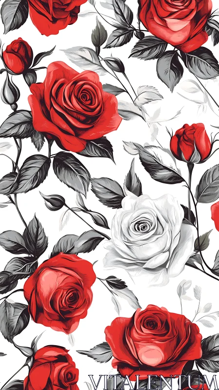 Crimson blooms dance—vibrant red roses waltz with charcoal shadows.