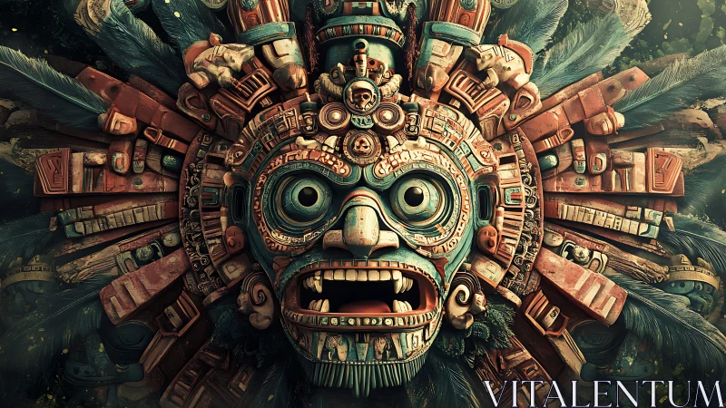 Intricate Mesoamerican stone mask with radial feathered headdress