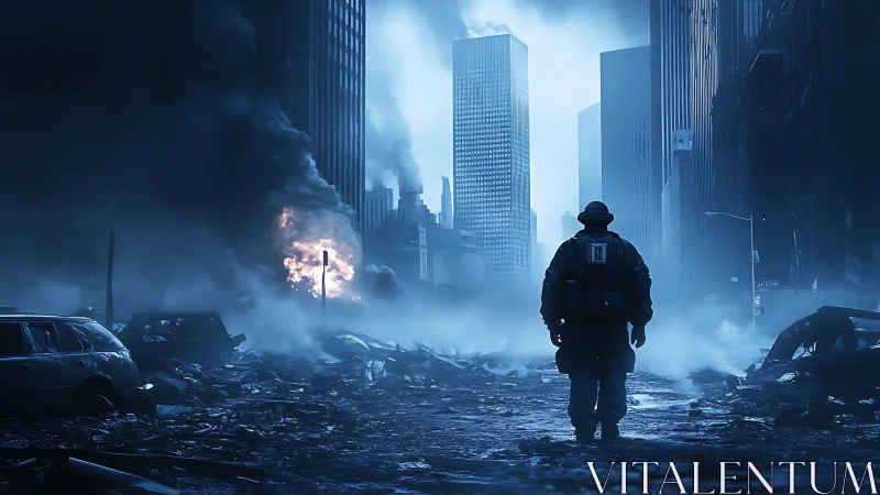 Solitary figure in ruined city street with smoke and fire.