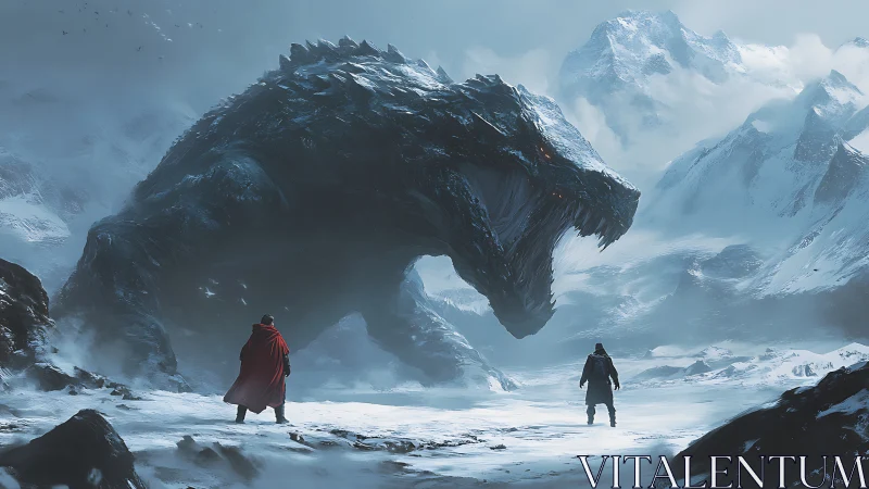 Giant reptilian creature confronting two figures in snow.